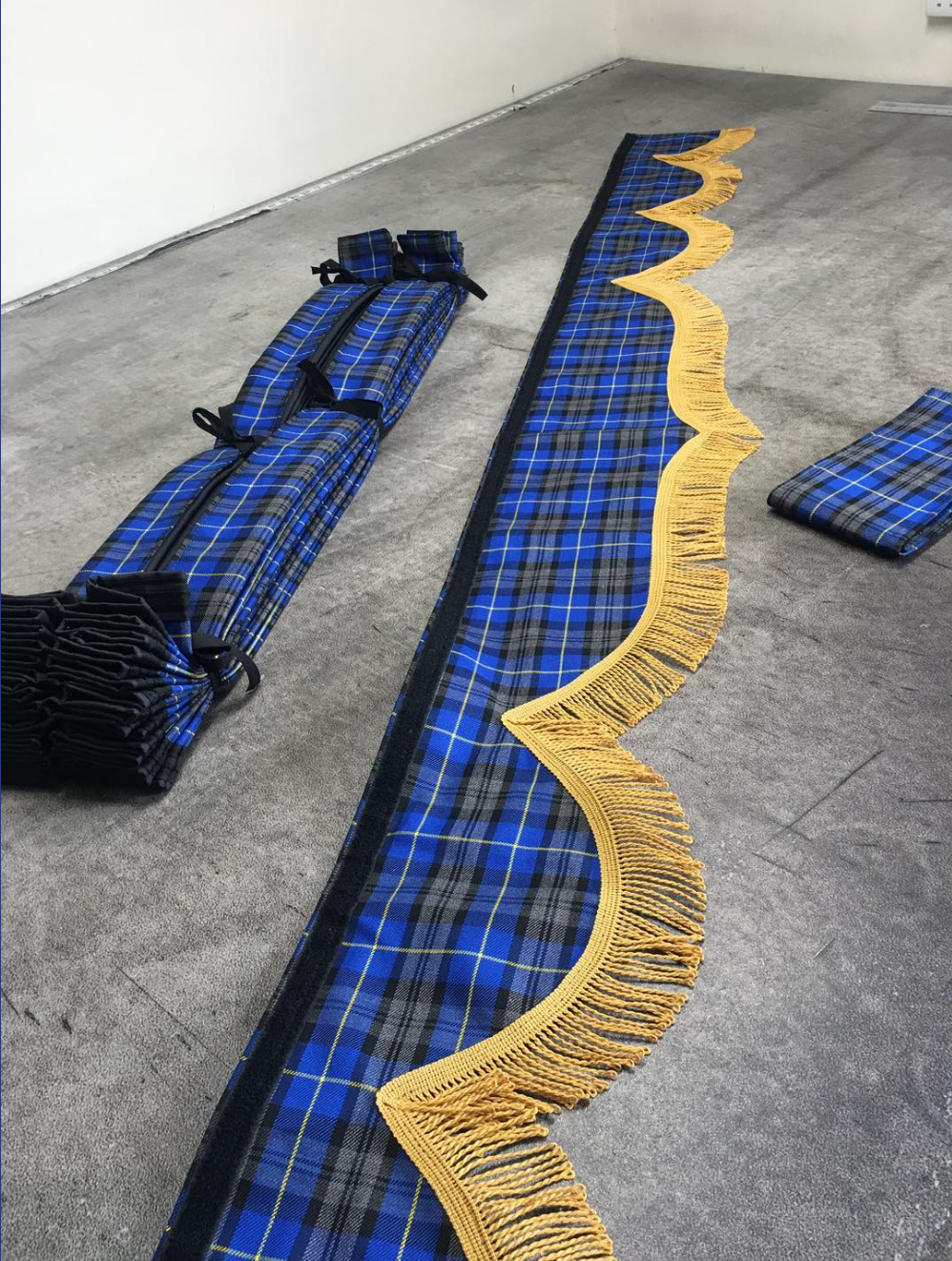HGV Truck Curtains - Dunoon Blue - 5 scallop centre peak Pelmet with choice of trim