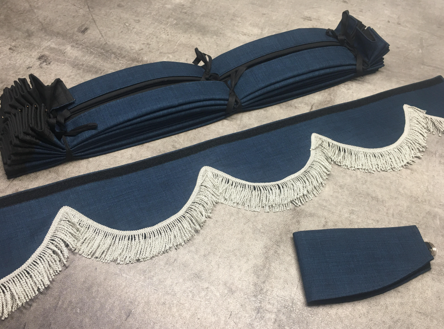 HGV Truck Curtains - Midnight Blue plain - 7 scallop Pelmet with choice of trim